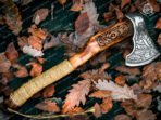 Viking Bearded Axe — Hand-Forged Damascus, 19″ Overall, Birch Wood Handle, Leather Blade Cover - view 5