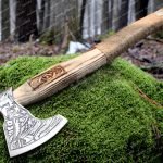 Viking Bearded Axe — Hand-Forged Damascus, 19" Overall, Birch Wood Handle, Leather Blade Cover