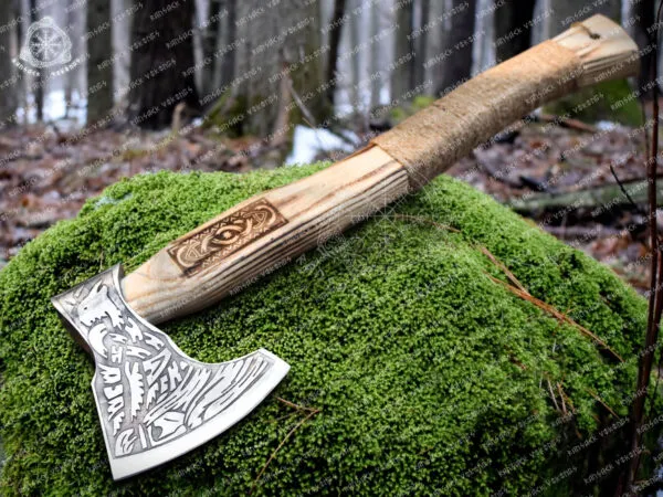 Viking Bearded Axe — Hand-Forged Damascus, 19" Overall, Birch Wood Handle, Leather Blade Cover