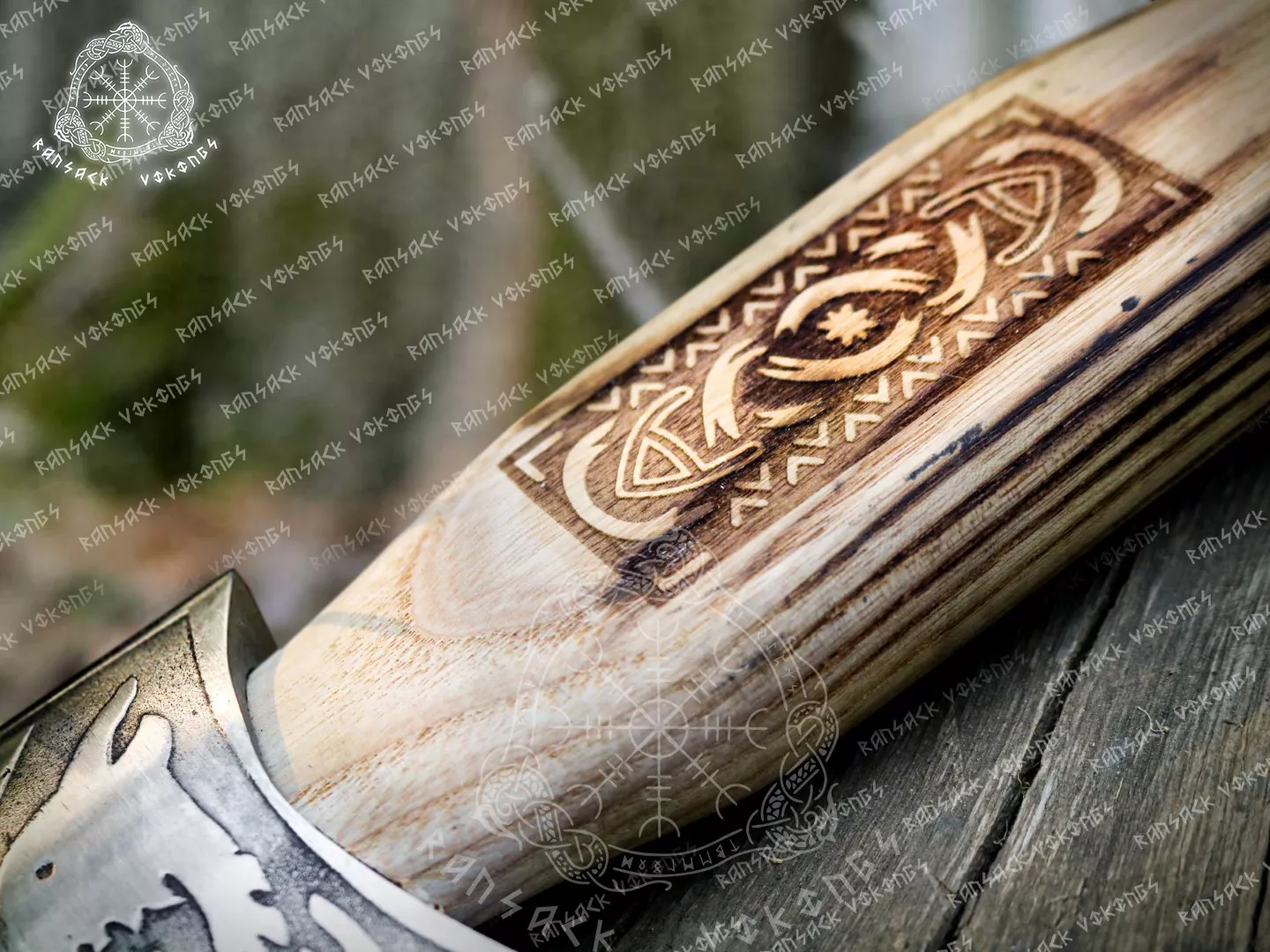 Viking Bearded Axe — Hand-Forged Damascus, 19″ Overall, Birch Wood Handle, Leather Blade Cover - view 2