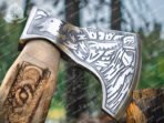 Viking Bearded Axe — Hand-Forged Damascus, 19″ Overall, Birch Wood Handle, Leather Blade Cover - view 3