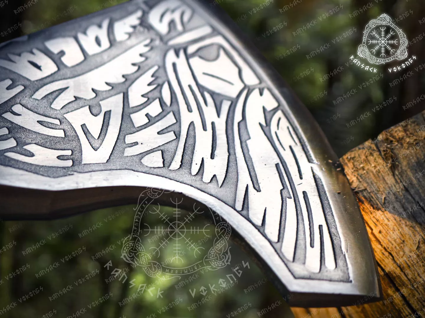 Viking Bearded Axe — Hand-Forged Damascus, 19″ Overall, Birch Wood Handle, Leather Blade Cover - view 4