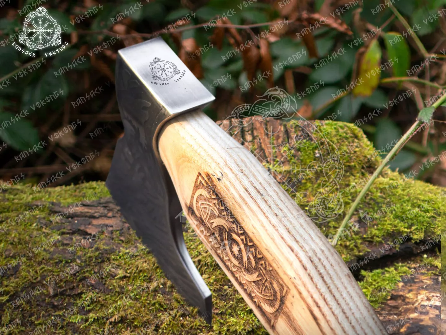Viking Bearded Axe — Hand-Forged Damascus, 19″ Overall, Birch Wood Handle, Leather Blade Cover - view 6