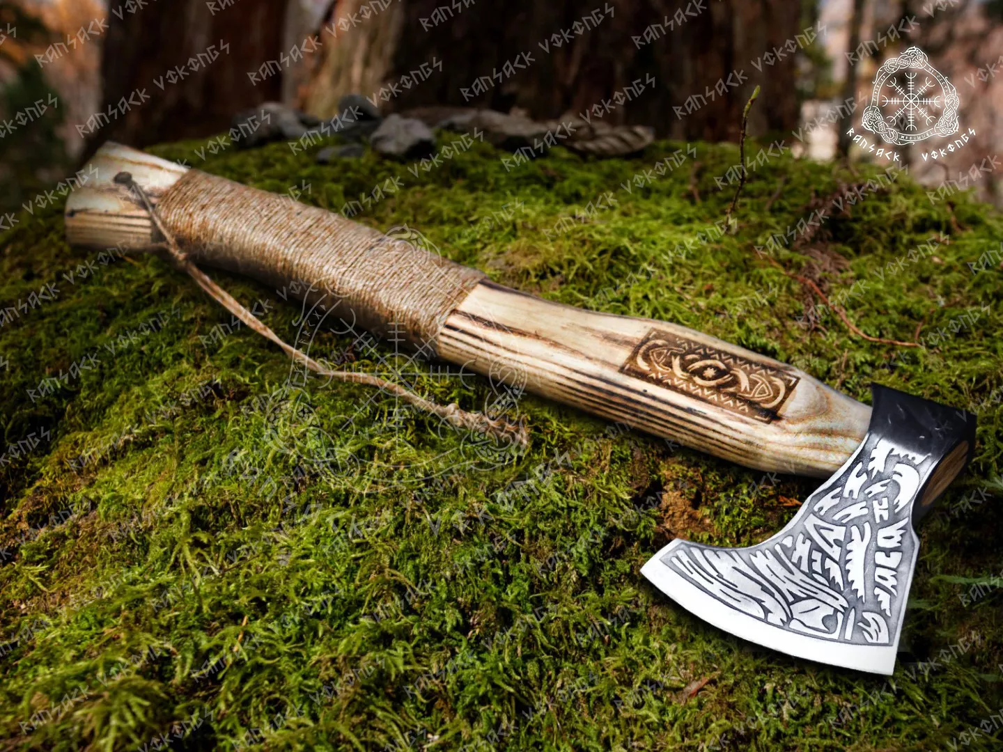 Viking Bearded Axe — Hand-Forged Damascus, 19″ Overall, Birch Wood Handle, Leather Blade Cover - view 7