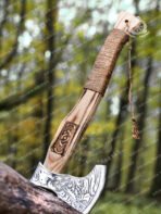 Viking Bearded Axe — Hand-Forged Damascus, 19″ Overall, Birch Wood Handle, Leather Blade Cover - view 8