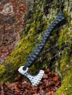 Viking Battle Axe, Hand-Forged Damascus, 19″ Overall, Birch Wood Handle, Leather Blade Cover (RK-363)