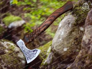 Viking Battle Axe, Hand-Forged Damascus, 19″ Overall, Birch Wood Handle, Leather Blade Cover (RK-363)