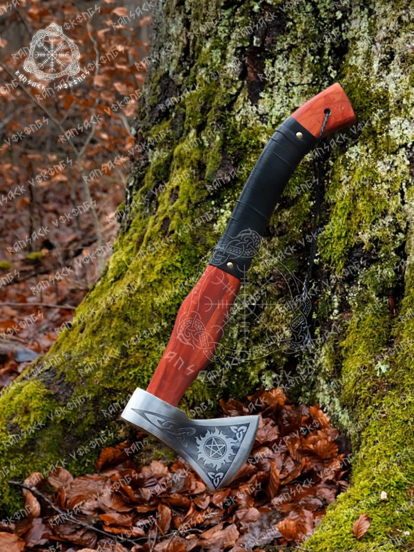 RK-349 ONE Axe, Viking axe ,Hatchet, Viking Hatchet, Viking Bearded axe ,Battle axe, Birch wood, Etched Blade leather Wrap on Wood Handle For Wood Chopping