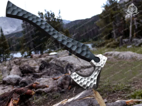 Viking Battle Axe — Hand-Forged Damascus, 19″ Overall, Birch Wood Handle, Leather Blade Cover (RK-363)