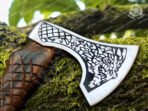 Viking Battle Axe, Hand-Forged Damascus, 19″ Overall, Birch Wood Handle, Leather Blade Cover (RK-363)