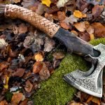 Viking Battle Axe — Hand-Forged Damascus, 19" Overall, Birch Wood Handle, Leather Blade Cover (RK-354)