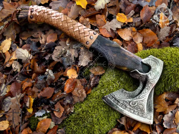Viking Bearded Axe — Hand-Forged Damascus, 19″ Overall, Birch Wood Handle, Leather Blade Cover (RK-354)