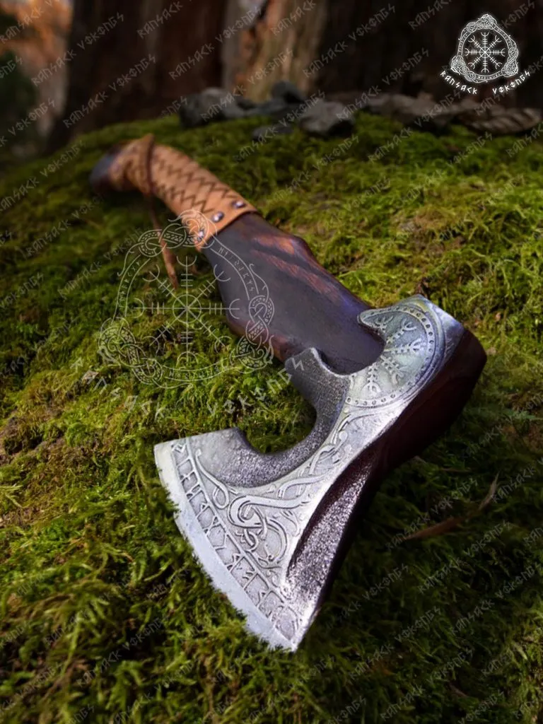 Viking Bearded Axe — Hand-Forged Damascus, 19″ Overall, Birch Wood Handle, Leather Blade Cover (RK-354) - view 2