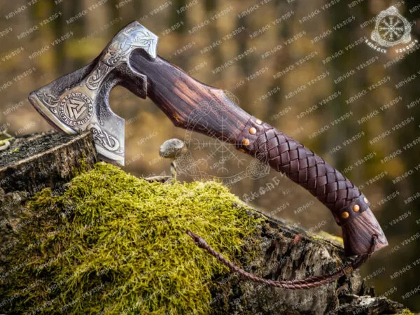 Viking Bearded Axe — Hand-Forged Damascus, 19″ Overall, Birch Wood Handle, Leather Blade Cover (RK-369) - view 2