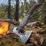 Viking Battle Axe — Hand-Forged Damascus, 19" Overall, Birch Wood Handle, Leather Blade Cover (RK-363)