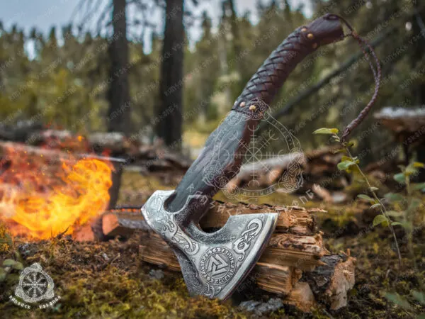Viking Bearded Axe — Hand-Forged Damascus, 19″ Overall, Birch Wood Handle, Leather Blade Cover (RK-363) - view 4