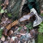 Viking Battle Axe — Hand-Forged Damascus, 19" Overall, Birch Wood Handle, Leather Blade Cover