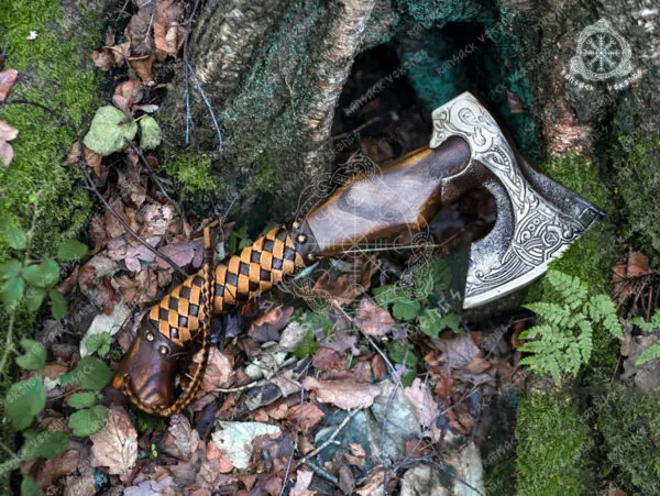 Viking Bearded Axe — Hand-Forged Damascus, 19″ Overall, Birch Wood Handle, Leather Blade Cover