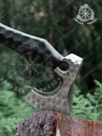 Viking Battle Axe, Hand-Forged Damascus, 19″ Overall, Birch Wood Handle, Leather Blade Cover (RK-354)