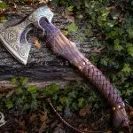 Viking Bearded Axe, Hand-Forged Damascus, 19″ Overall, Birch Wood Handle, Leather Blade Cover (RK-351) - view 5