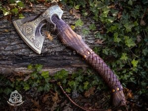 Viking Bearded Axe, Hand-Forged Damascus, 19″ Overall, Birch Wood Handle, Leather Blade Cover (RK-351) - view 5