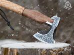 Viking Battle Axe — Hand-Forged Damascus, 19" Overall, Birch Wood Handle, Leather Blade Cover (RK-356) - Image 2