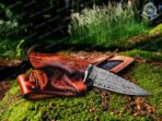 Damascus Skinner Knife — Hand-Forged, 9.7" Overall, Walnut Handle, Leather Sheath (RK-362)