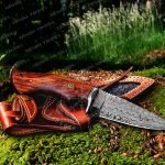 Damascus Skinner Knife — Hand-Forged, 9.7" Overall, Walnut Handle, Leather Sheath (RK-362)