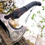 Viking Bearded Axe — Hand-Forged Damascus, 19" Overall, Birch Wood Handle, Leather Blade Cover (RK-348)