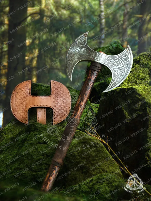 Viking Battle Axe — Hand-Forged Damascus, 19″ Overall, Birch Wood Handle, Leather Blade Cover (RK-363)