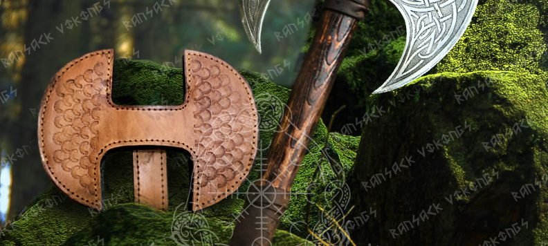 Viking Battle Axe, Hand-Forged Damascus, 19″ Overall, Birch Wood Handle, Leather Blade Cover (RK-363)