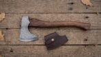 Emberbeard Hand Forged Damascus Viking Bearded Axe | 19 Inch | Rosewood Handle with Leather Blade Cover and Gift Box | Norse Bushcraft Collector Gift | RK-361