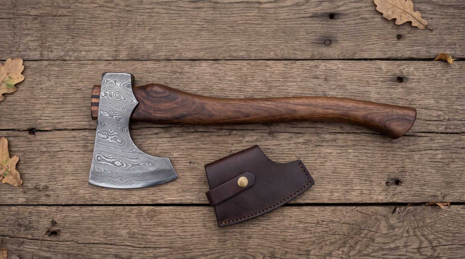 34 (1) Emberbeard Hand Forged Damascus Viking Bearded Axe | 19 Inch | Rosewood Handle with Leather Blade Cover and Gift Box | Norse Bushcraft Collector Gift | RK-361 - Image 1
