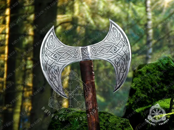 Viking Battle Axe — Hand-Forged Damascus, 19″ Overall, Birch Wood Handle, Leather Blade Cover (RK-363)