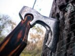Viking Bearded Axe — Hand-Forged Damascus, 19″ Overall, Birch Wood Handle, Leather Blade Cover (RK-348) - view 6