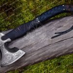 Viking Battle Axe — Hand-Forged Damascus, 19" Overall, Birch Wood Handle, Leather Blade Cover (RK-351)