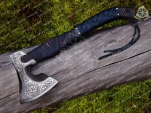 Viking Bearded Axe, Hand-Forged Damascus, 19″ Overall, Birch Wood Handle, Leather Blade Cover (RK-351)