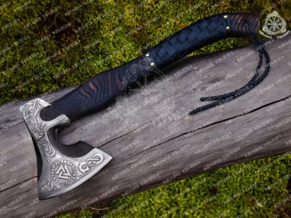 Viking Bearded Axe — Hand-Forged Damascus, 19″ Overall, Birch Wood Handle, Leather Blade Cover (RK-351)