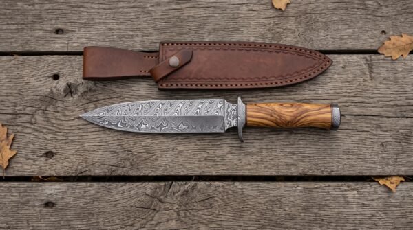 Damascus steel dagger with olive wood handle and steel guard lying beside its brown leather sheath on weathered planks
