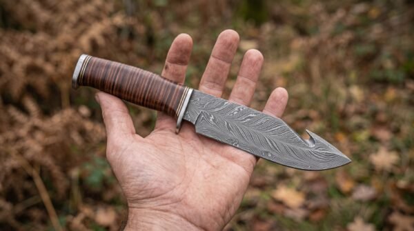 Damascus gut hook hunting knife with stacked leather handle held flat on an open palm in autumn woodland