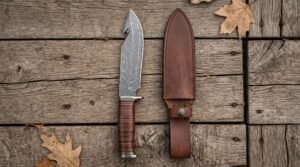 Damascus gut hook knife with stacked leather handle laid flat on oak planks next to its brown leather sheath
