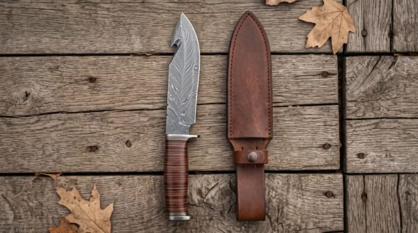 Damascus gut hook knife with stacked leather handle laid flat on oak planks next to its brown leather sheath