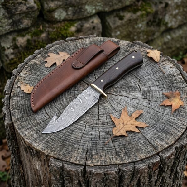 Damascus gut hook hunting knife with dark wenge wood handle on a tree stump beside its brown leather sheath and oak leaves