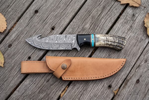 Hornreaver Hand Forged Damascus Gut Hook Hunting Knife with Buffalo Horn and Ram Horn Handle and Turquoise and Brass Spacers | Hunting Gift | RK-360