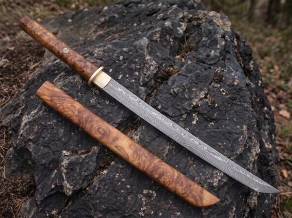 Damascus katana with burl wood handle and pale collar laid beside its burl wood sheath on a black boulder