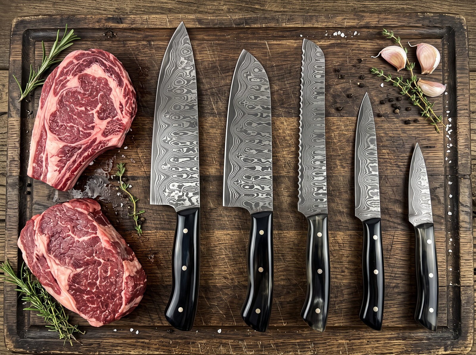Damascus steel five piece kitchen knife set with black horn handles laid out beside raw steaks, garlic and herbs on a wo Damascus steel five piece kitchen knife set with black horn handles laid out beside raw steaks, garlic and herbs on a wooden board