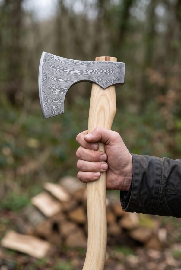 Damascus Viking bearded axe held upright in one hand by its birch wood handle in a woodland setting