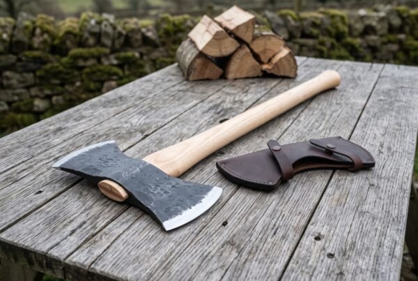 Double headed axe with ash wood handle lying on a rustic table next to its brown leather blade cover and stacked firewood