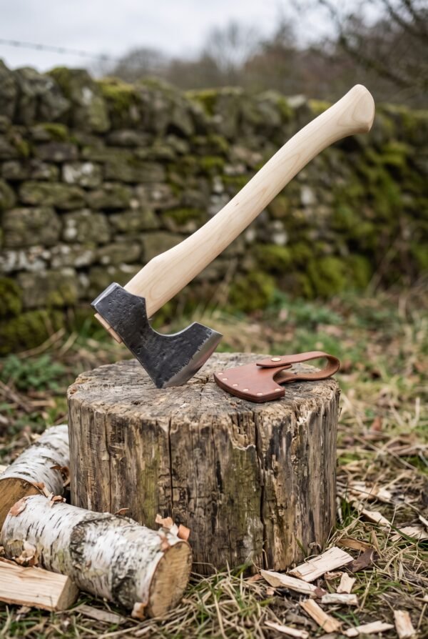 Hand forged bearded axe with birch wood handle, head sunk into a chopping stump beside its leather blade cover and a stone wall