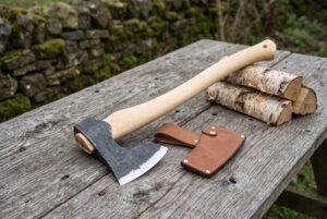 Hand forged bearded axe with birch wood handle on a weathered outdoor table next to its leather blade cover and split birch logs